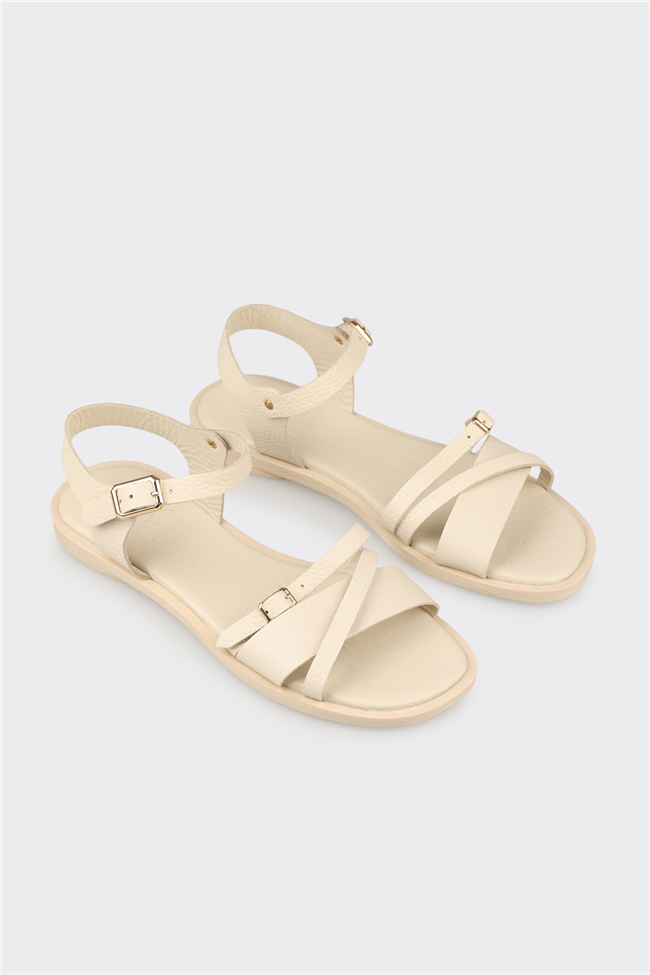 Bej Deri Kadın Düz Sandalet