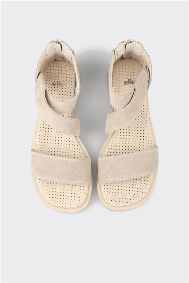 Bej Deri Kadın Düz Sandalet