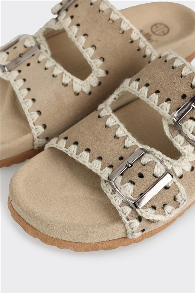 Bej Deri Kadın Düz Terlik