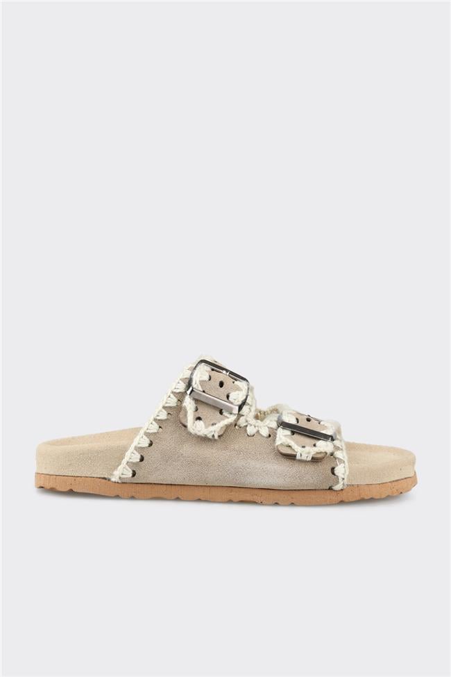 Bej Deri Kadın Düz Terlik