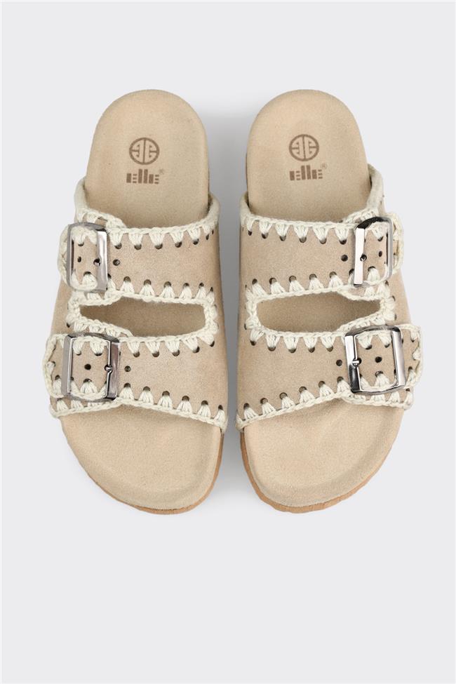 Bej Deri Kadın Düz Terlik