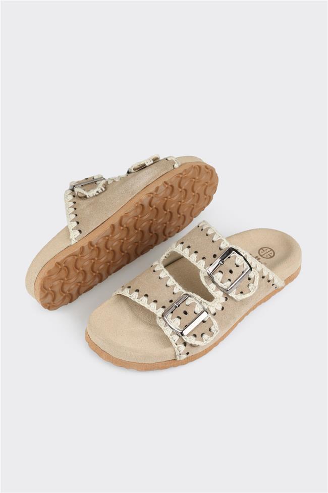 Bej Deri Kadın Düz Terlik