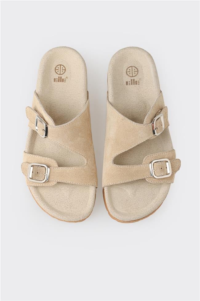 Bej Deri Kadın Düz Terlik