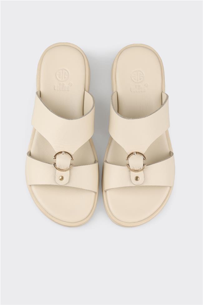 Bej Deri Kadın Düz Terlik