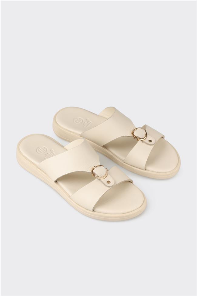 Bej Deri Kadın Düz Terlik