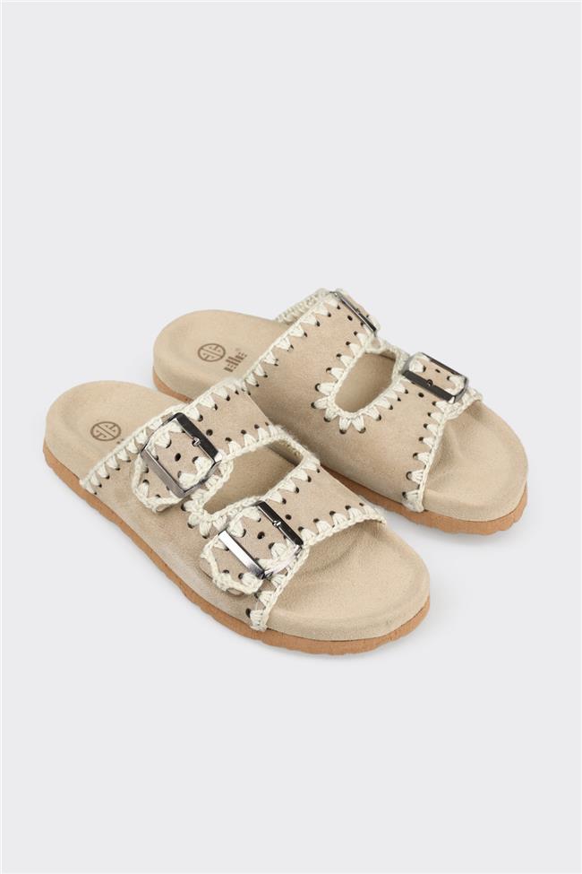 Bej Deri Kadın Düz Terlik