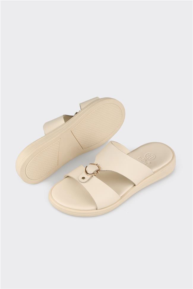 Bej Deri Kadın Düz Terlik