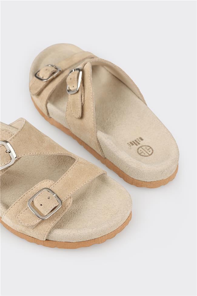 Bej Deri Kadın Düz Terlik