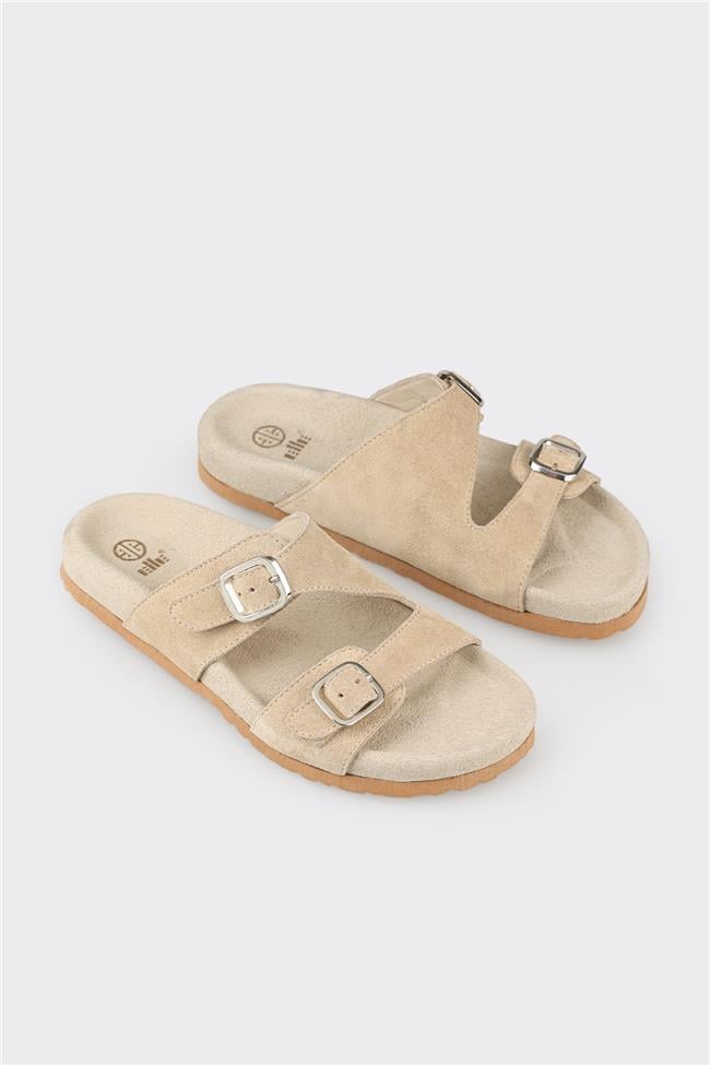 Bej Deri Kadın Düz Terlik