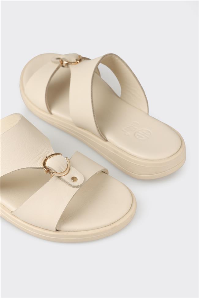 Bej Deri Kadın Düz Terlik