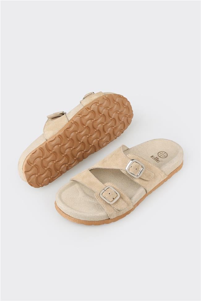 Bej Deri Kadın Düz Terlik