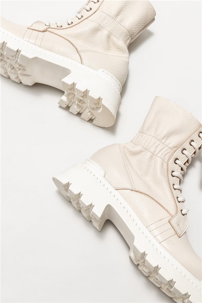 Bej Deri Kadın Günlük Düz Bot