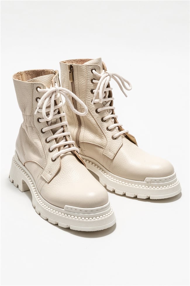 Bej Deri Kadın Günlük Düz Bot