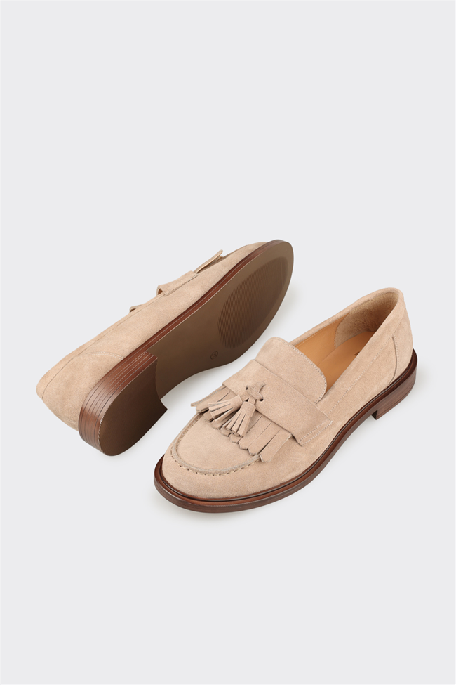 Bej Deri Kadın Günlük Loafer