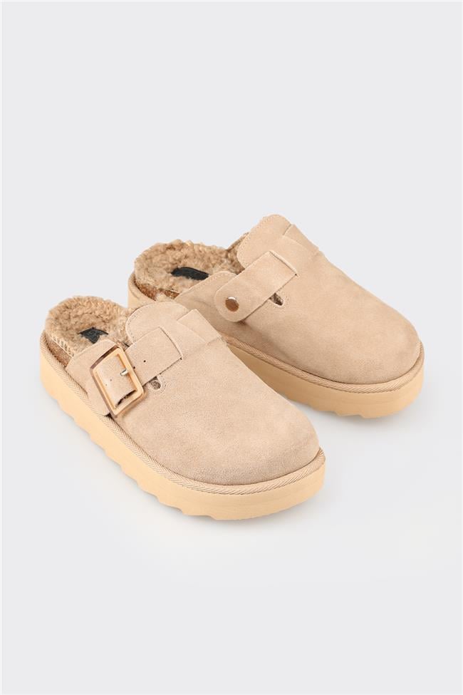 Bej Deri Kadın Günlük Terlik