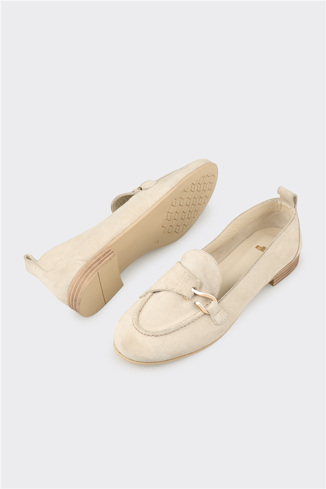 Bej Deri Kadın Loafer