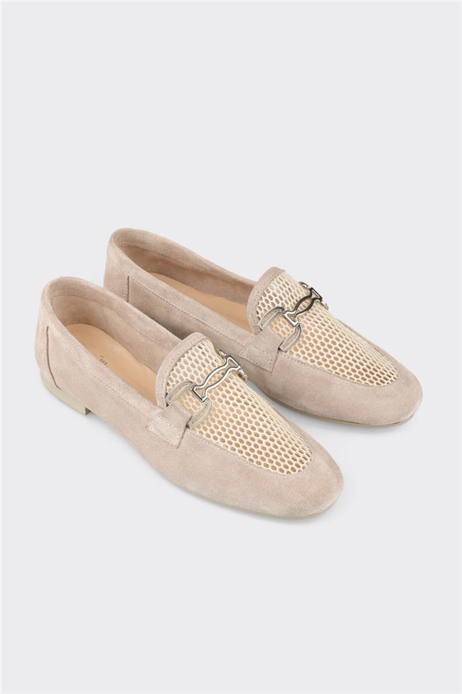 Bej Deri Kadın Loafer