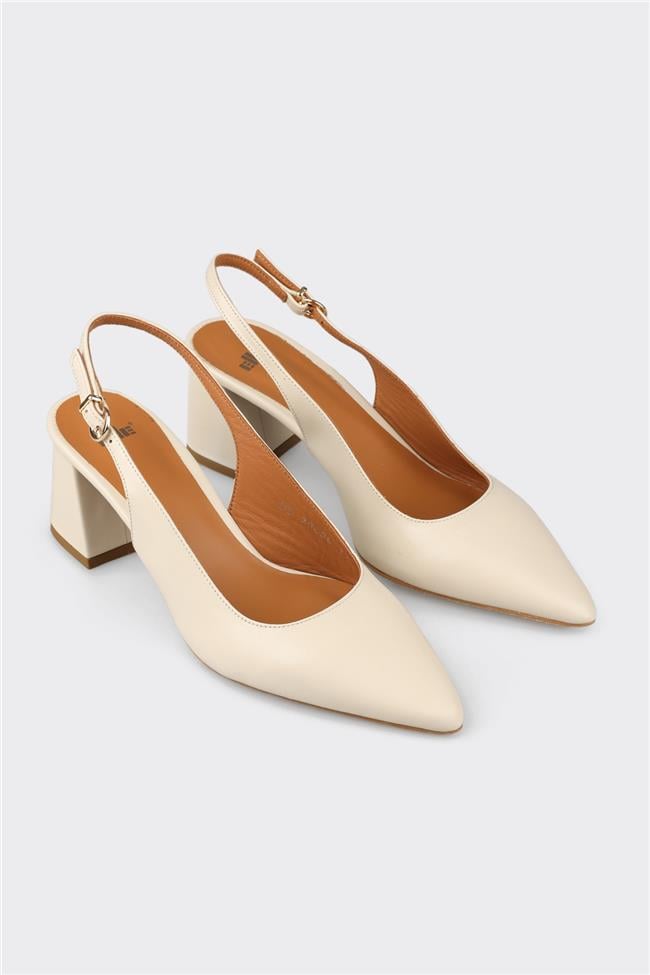 Bej Deri Kadın Topuklu Ayakkabı