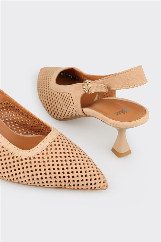 Bej Deri Kadın Topuklu Ayakkabı