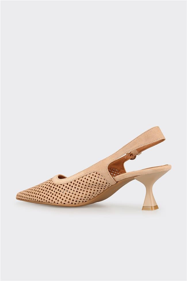 Bej Deri Kadın Topuklu Ayakkabı