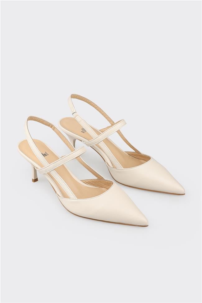 Bej Deri Kadın Topuklu Ayakkabı