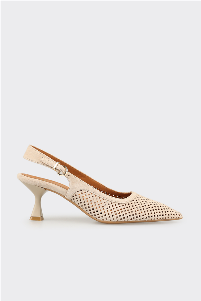 Bej Deri Kadın Topuklu Ayakkabı