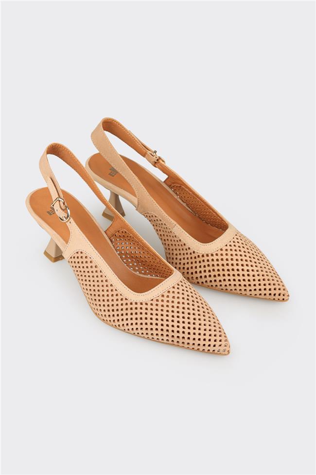 Bej Deri Kadın Topuklu Ayakkabı