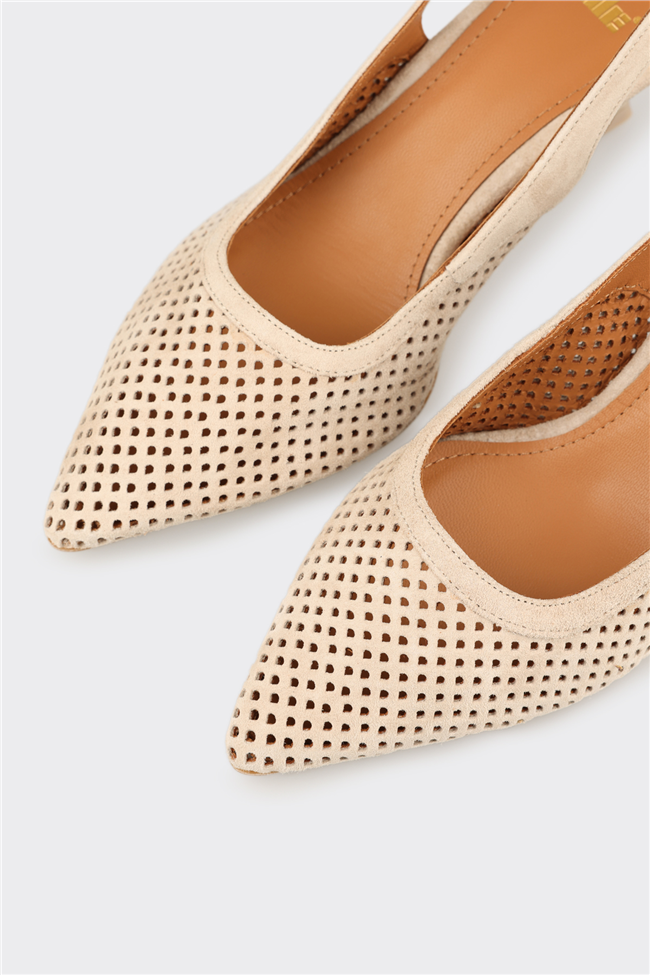 Bej Deri Kadın Topuklu Ayakkabı