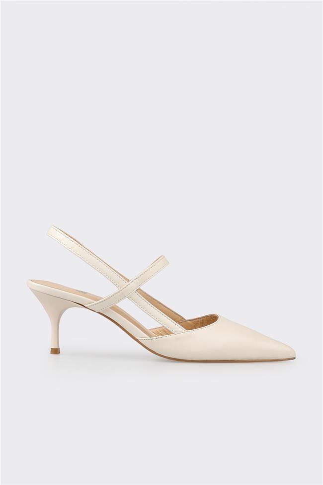 Bej Deri Kadın Topuklu Ayakkabı