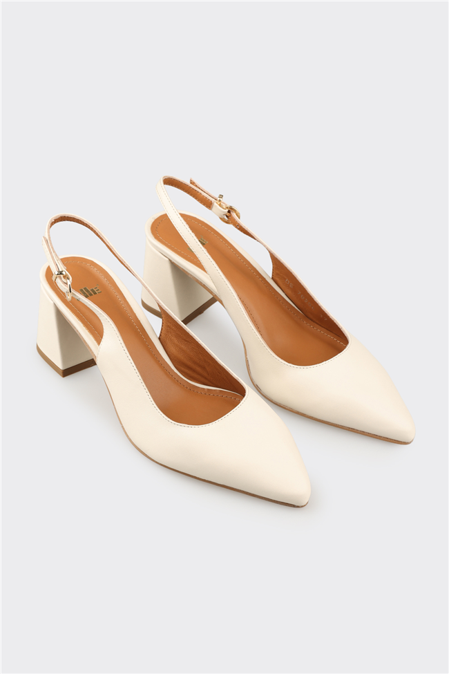 Bej Deri Kadın Topuklu Ayakkabı