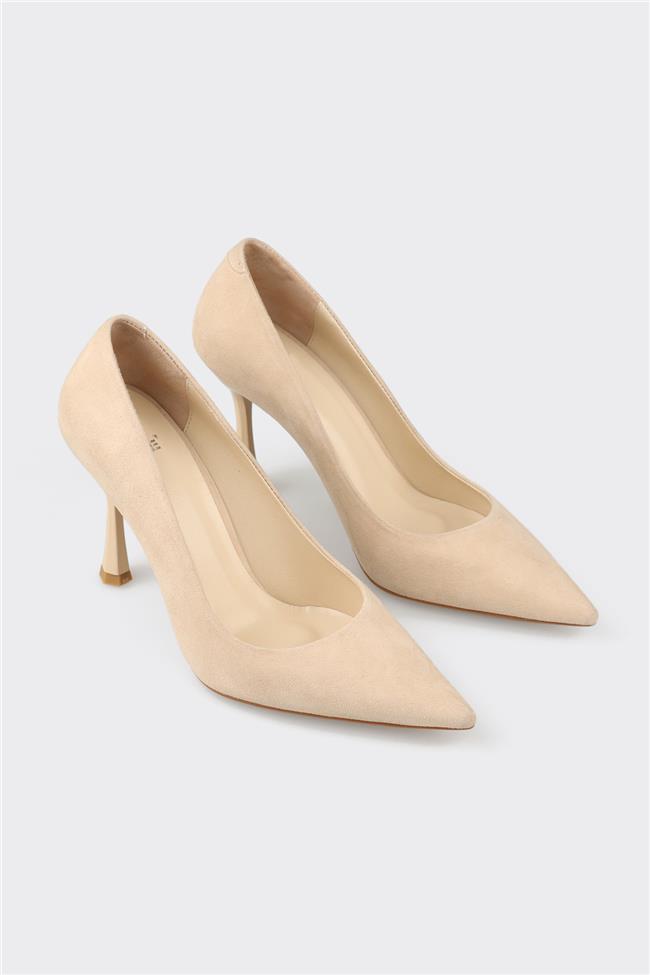 Bej Deri Kadın Topuklu Ayakkabı