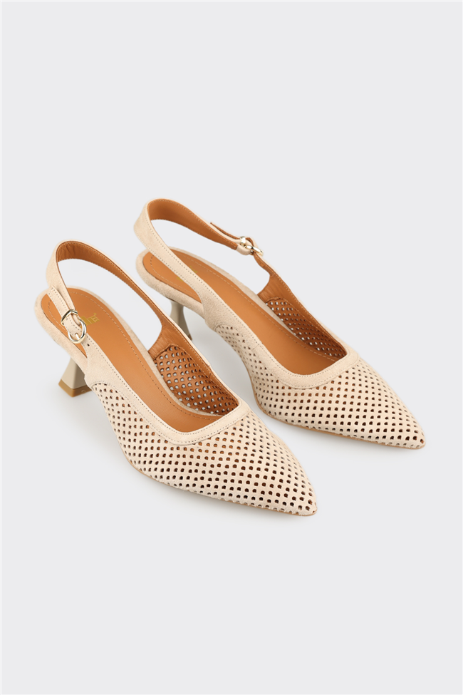 Bej Deri Kadın Topuklu Ayakkabı