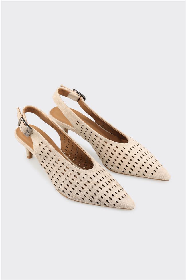 Bej Deri Kadın Topuklu Ayakkabı