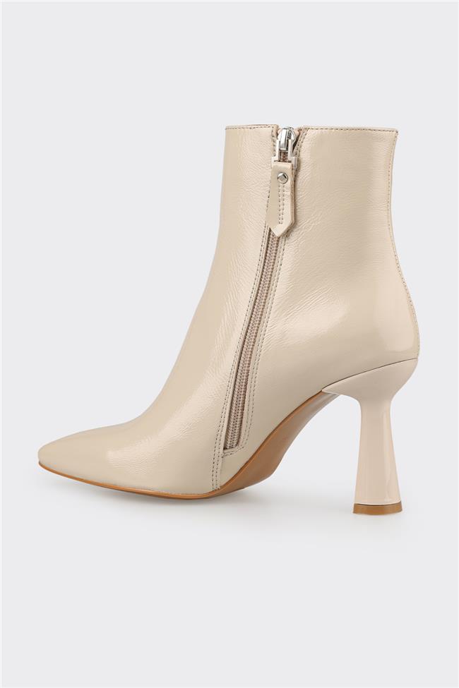 Bej Deri Kadın Topuklu Bot