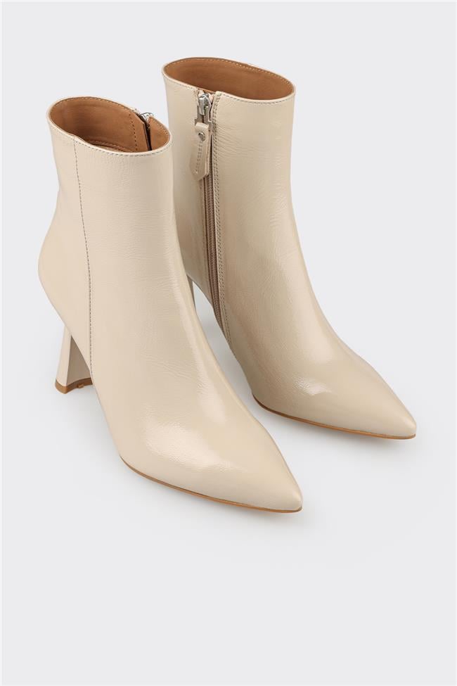 Bej Deri Kadın Topuklu Bot