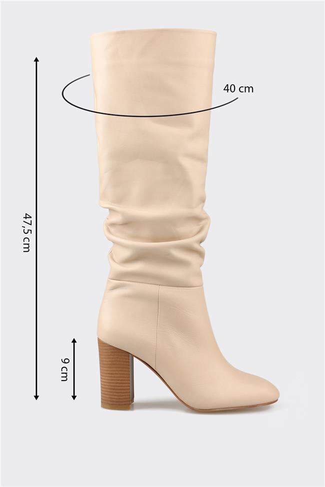 Bej Deri Kadın Topuklu Çizme