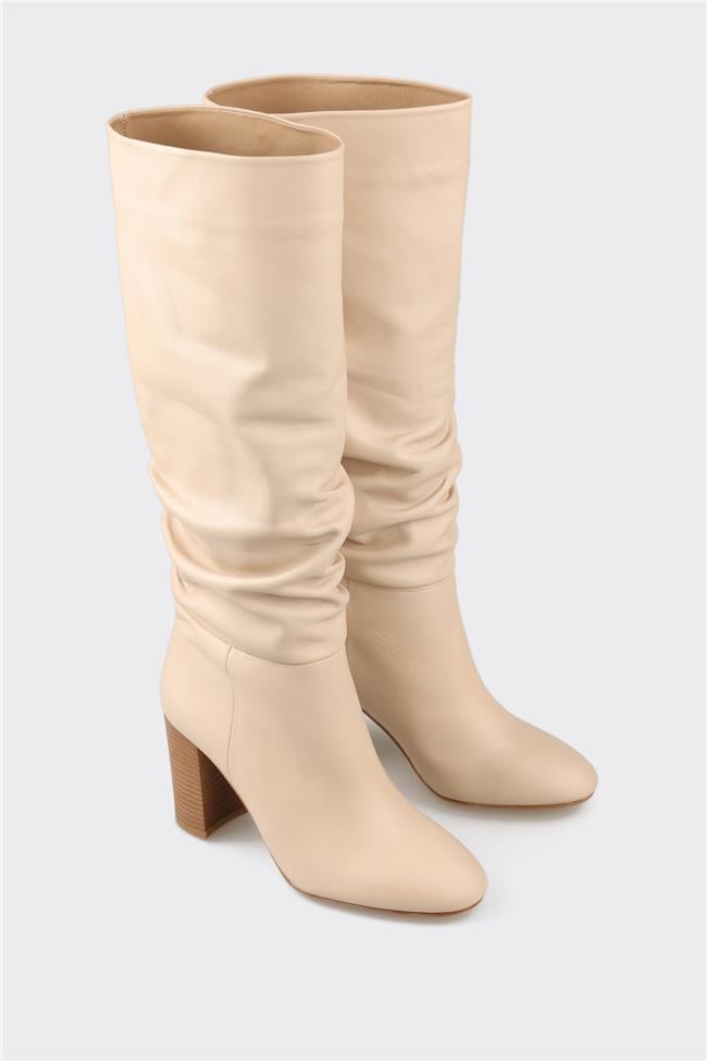 Bej Deri Kadın Topuklu Çizme
