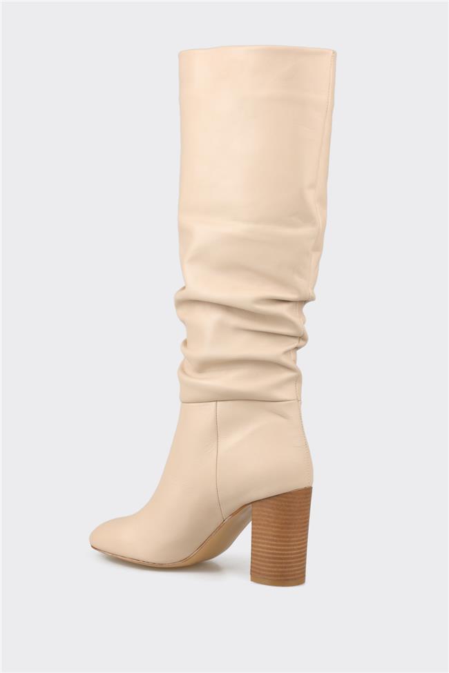 Bej Deri Kadın Topuklu Çizme