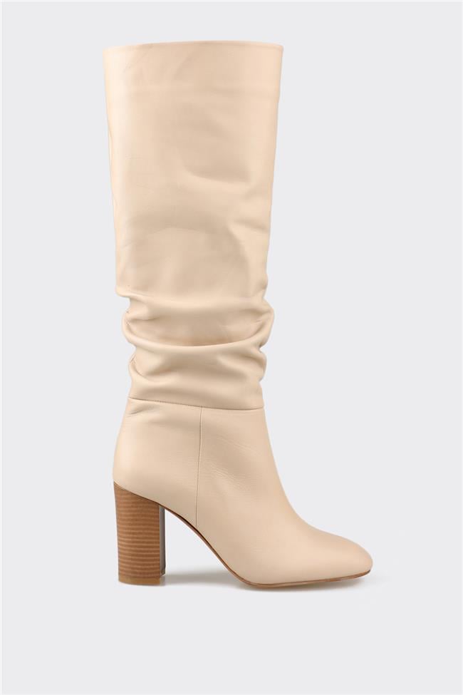 Bej Deri Kadın Topuklu Çizme
