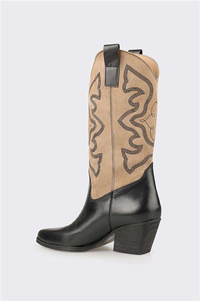 Bej Deri Kadın Western Çizme