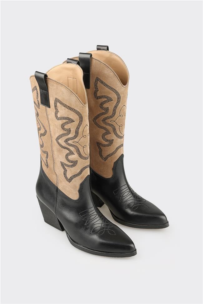 Bej Deri Kadın Western Çizme