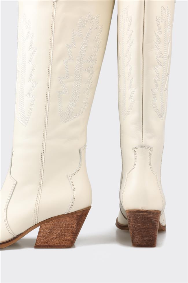 Bej Deri Kadın Western Çizme