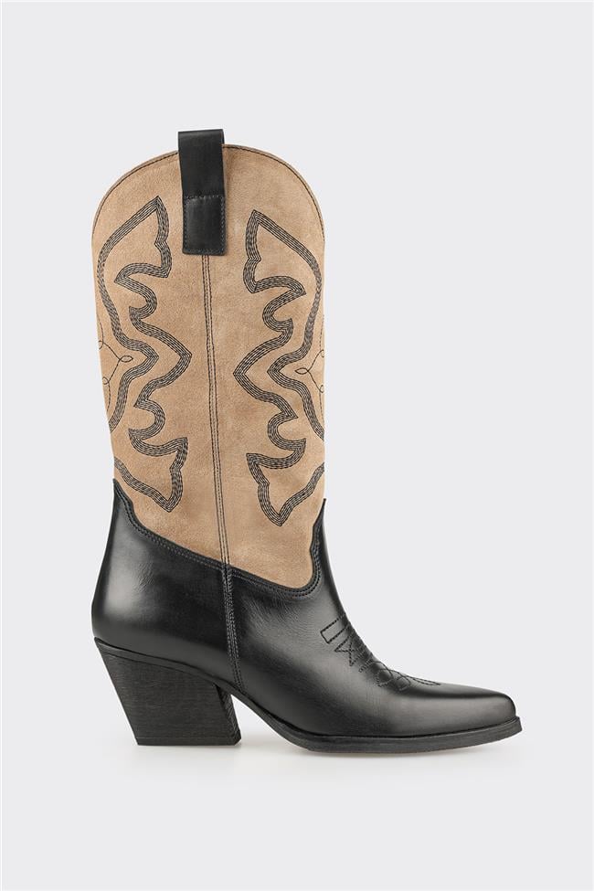 Bej Deri Kadın Western Çizme