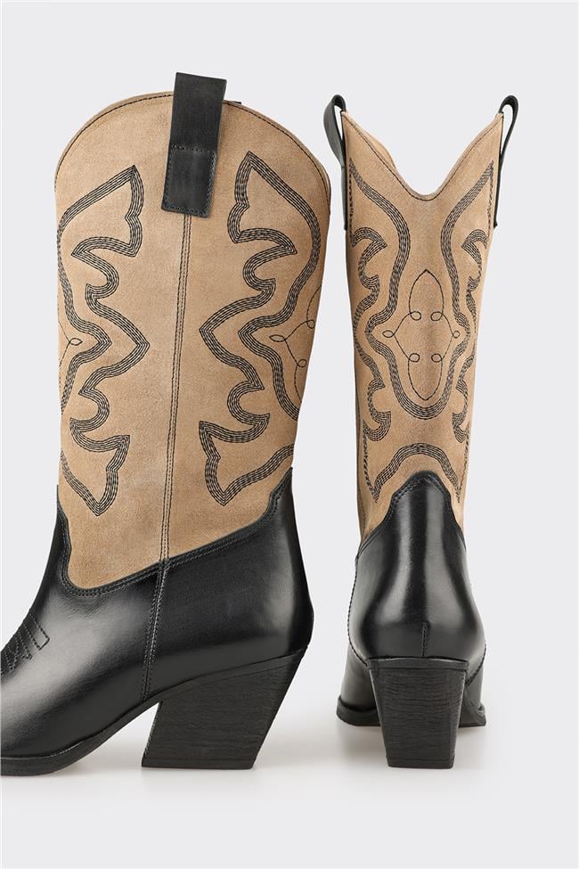 Bej Deri Kadın Western Çizme