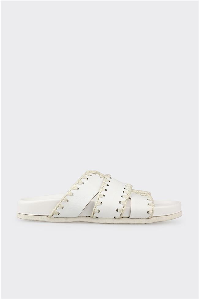 Beyaz Deri Kadın Düz Terlik