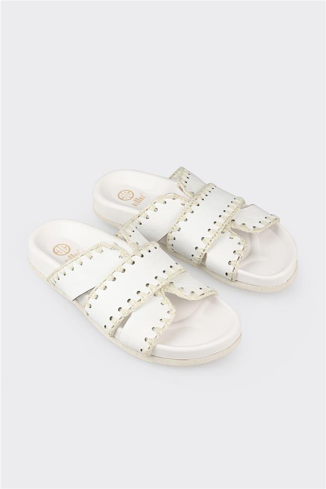 Beyaz Deri Kadın Düz Terlik