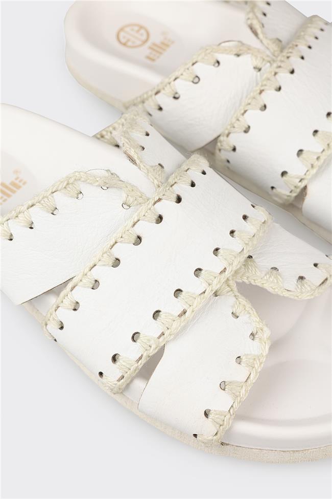 Beyaz Deri Kadın Düz Terlik