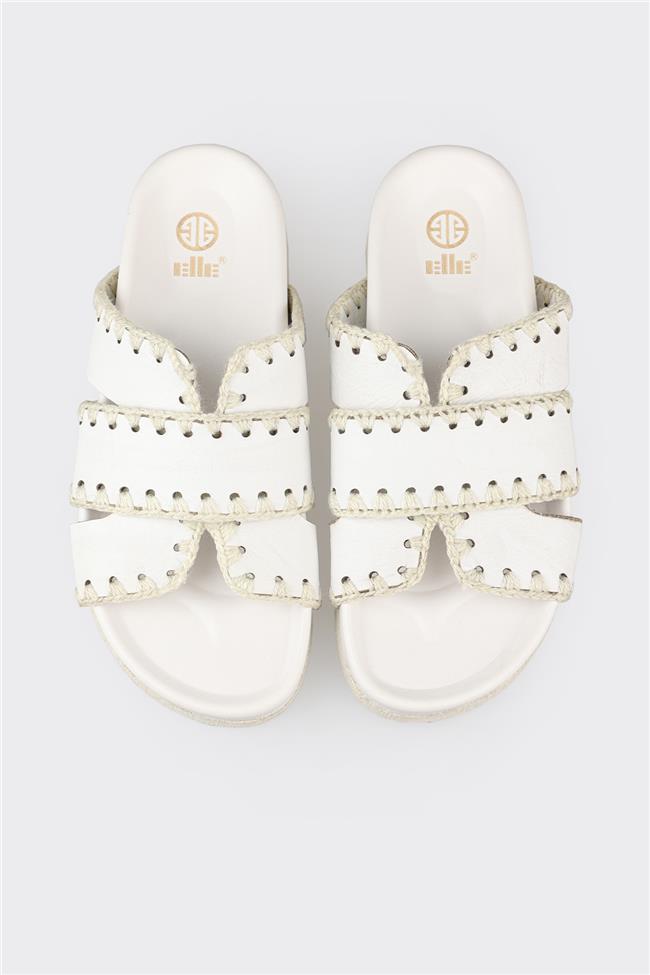 Beyaz Deri Kadın Düz Terlik