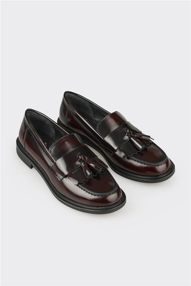 Bordo Deri Kadın Günlük Loafer