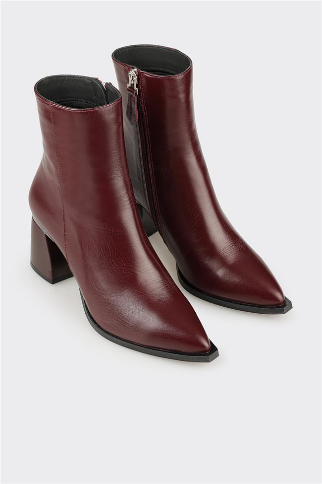 Bordo Deri Kadın Klasik Bot